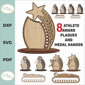 8 verschiedene Athlete Design Award Trophäe Laser Cut Files, Medaillenaufhänger, Award Trophy SVG-Dateien | Laser-Cut-Dateien