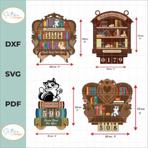 Puede incluir: Cuatro diseños de estanterías de madera con el texto "Books Read This Year" y "Alexander Junker". Cada diseño presenta una pantalla numérica, un gato, un perro y un oso. Las dimensiones son de aproximadamente 28 cm de ancho.