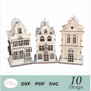 10 Amsterdamer Häuser 3D Laser Cut Dateien DXF Modell für Plasma DIY CNC Projekt Funny Kids Bundle, Schneidemaschinendateien, Miniatur Glowforge SVG