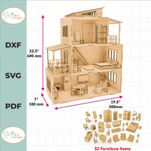 Casa delle bambole moderna tagliata al laser 3 mm casa delle bambole svg, set di mobili per casa delle bambole in legno tagliata al laser casa delle bambole, set di mobili vettore compensato di legno