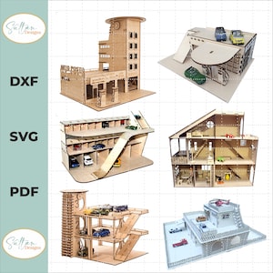 6 springplank houten speelgoedgarage met parkeergarage voor speelgoedauto's - met helikopter - dekmodel puzzel snijden bestand Svg Dxf CDR Cnc-bestanden