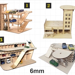 4 springplank houten speelgoedgarage met parkeergarage voor speelgoedauto's 6 mm - met helikopterdek Model puzzel snijden bestand Svg Dxf CDR Cnc-bestanden