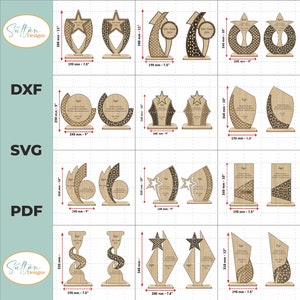Pacchetto di 25 file di trofei di design diversi tagliati al laser, file SVG / file tagliati al laser per trofei di design