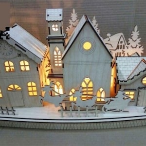 Laser geschnitten Weihnachtsnacht Dekorationen 3D Holzhaus Plan, Weihnachtsstadt Laser Cut Dateien Santa Claus Haus Stadt, Wald Winter Weihnachten