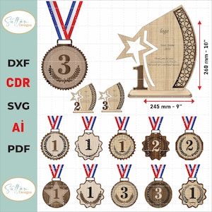 Elegante juego de trofeos para el 1.er, 2.º y 3.er puesto, molde de corte con forma de medalla, archivo de corte láser de medallas, diseños de medallas de madera