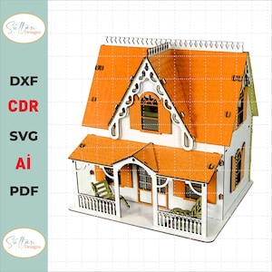May include: A detailed wooden model of a two-story house with a porch, orange roof, and white trim. The house has windows with shutters and a decorative design on the roof.