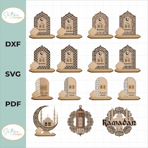 Può includere: Una collezione di decorazioni del Ramadan tagliate al laser. Include calendari ad arco con la scritta "Day 01 Ramadan", una luna crescente con una moschea, una lanterna e un cartello con la scritta "Ramadan 12".