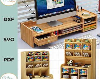 Desk organizer pen holder drawer drawer Cnc, stationery Storage Box SVG,Wooden Drawer Office Desktop Organization Box,Computer Monitor Stand