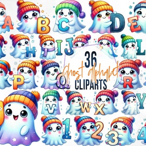 Cute Ghost Alphabet Clipart com números, Halloween Ghost Alphabet, Boo Letters, Spooky Alphabet PNG, Download digital