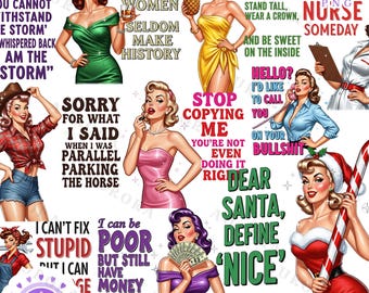PNG de ama de casa pin-up atrevida, frases sarcásticas y divertidas de mujeres, imágenes prediseñadas retro de los años 50, vintage, camiseta