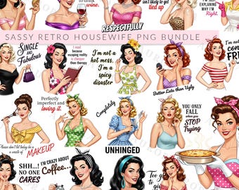 Bundle PNG de ménagère rétro impertinente | Clipart sublimation pin up drôle des années 1950 | Dessins sarcastiques vintage
