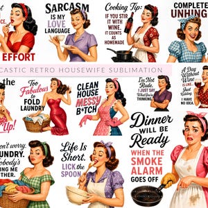 Femme au foyer rétro sarcastique PNG, Clipart drôle des années 1950, sublimation de la vie de maman, PinUpGirl, citations, téléchargement numérique