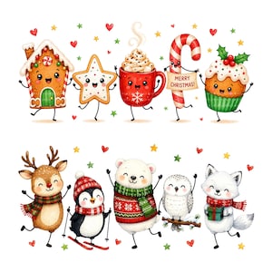May include: A collection of Christmas-themed illustrations featuring a gingerbread house, star cookie, red mug with cocoa, candy cane with a Merry Christmas sign, cupcake, reindeer, penguin on skis, polar bear, owl, and a fox holding a gift.
