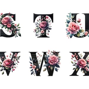 Op de afbeelding: Zes zwarte letters, S, T, U, V, W en X, elk versierd met aquarel bloemstukken. De bloemen zijn voornamelijk roze en rode rozen, met groene bladeren en kleine witte bloemen, tegen een witte achtergrond.