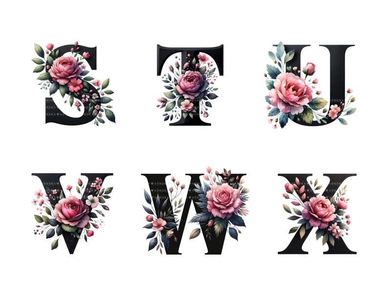 Op de afbeelding: Zes zwarte letters, S, T, U, V, W en X, elk versierd met aquarel bloemstukken. De bloemen zijn voornamelijk roze en rode rozen, met groene bladeren en kleine witte bloemen, tegen een witte achtergrond.