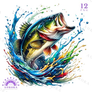 12 PNG Bass Fishing Clipart Bundle, saltando Bass png, regalo para pescador, Uso comercial, Descarga digital