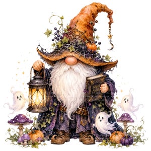 Op de afbeelding: Een kabouter met een grote, verweerde oranje hoed versierd met spinnenwebben, bessen en een maanbedel. De kabouter houdt een brandende lantaarn en een boek getiteld Night Spells vast, omringd door drie kleine witte spookjes en paarse paddenstoelen.