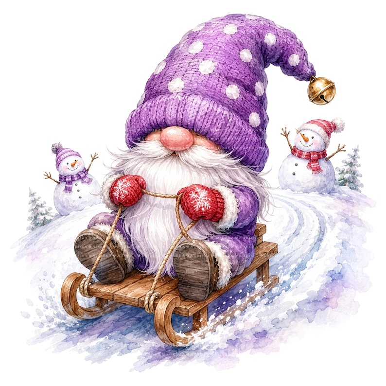 May include: A gnome with a long white beard wears a purple knit hat with white polka dots and a gold bell, purple clothing, and red mittens. The gnome sits on a wooden sled in the snow, accompanied by two small snowmen with scarves.