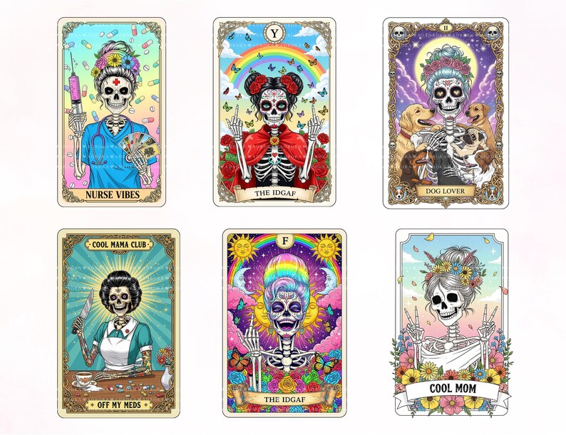 Puede incluir: Seis tarjetas rectangulares estilo tarot con figuras de esqueletos. Los dise&ntilde;os incluyen una enfermera con pastillas, un esqueleto con un arco&iacute;ris y mariposas, un esqueleto con perros, un esqueleto con un cuchillo, un esqueleto colorido con soles y un esqueleto con flores.
