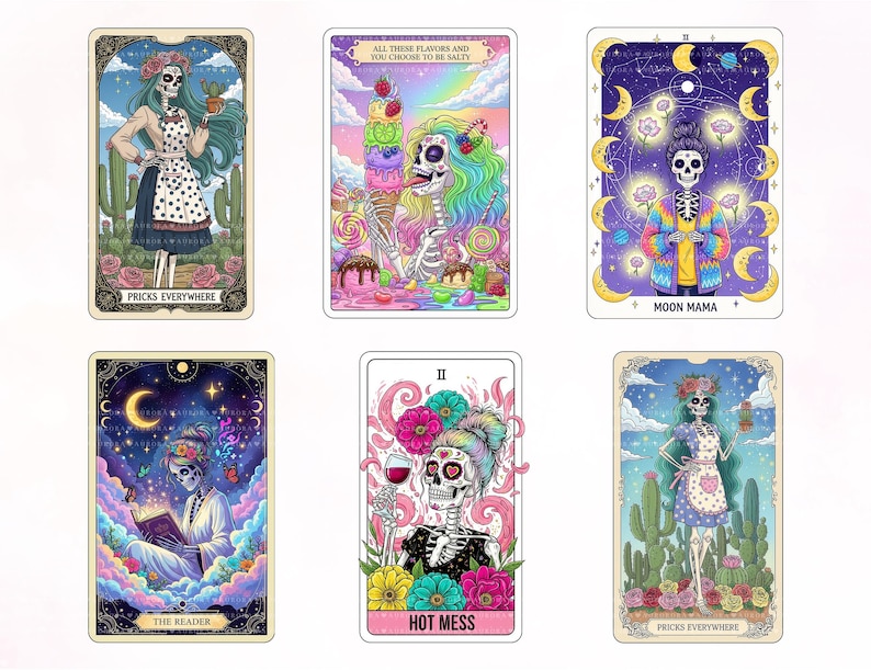 Puede incluir: Seis tarjetas rectangulares estilo tarot con figuras de esqueletos. Los dise&ntilde;os incluyen un esqueleto con delantal y cactus etiquetado 'PRICKS EVERYWHERE', un esqueleto comiendo un helado etiquetado 'ALL THESE FLAVORS AND YOU CHOOSE TO BE SALTY', un esqueleto con c&aacute;rdigan colorido etiquetado 'MOON MAMA', un esqueleto leyendo un libro etiquetado 'THE READER' y un esqueleto con una copa de vino etiquetado 'HOT MESS'.
