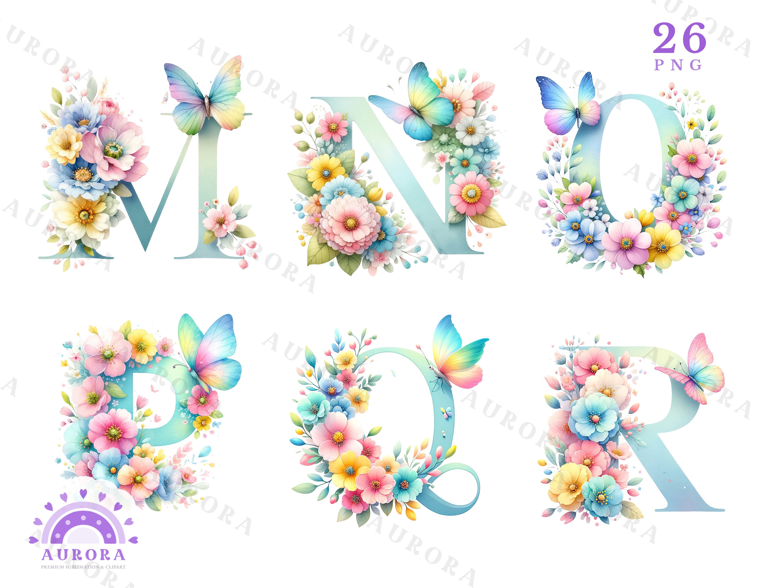 Watercolor Floral Alphabet Clipart, Pastel Flowers Letters and Initials ...