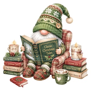 May include: A gnome with a long white beard wearing a green patterned hat sits in a plaid armchair reading a book titled Classic Christmas Tales. The scene includes stacks of books, two lit candles in glass holders, and a mug of hot cocoa.