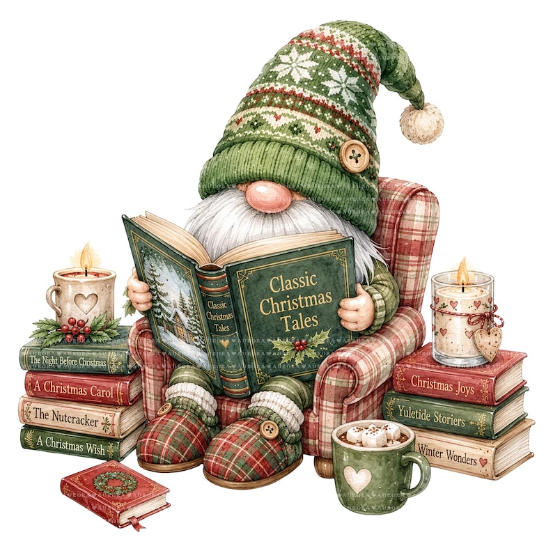 May include: A gnome with a long white beard wearing a green patterned hat sits in a plaid armchair reading a book titled Classic Christmas Tales. The scene includes stacks of books, two lit candles in glass holders, and a mug of hot cocoa.