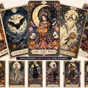 May include: A collection of Halloween-themed tarot cards featuring illustrations of ghosts, pumpkins, bats, and a central figure titled The Candy Moon. The cards display ornate borders, Roman numerals, and text labels like The Bat Nocturne and Ghost Parade.