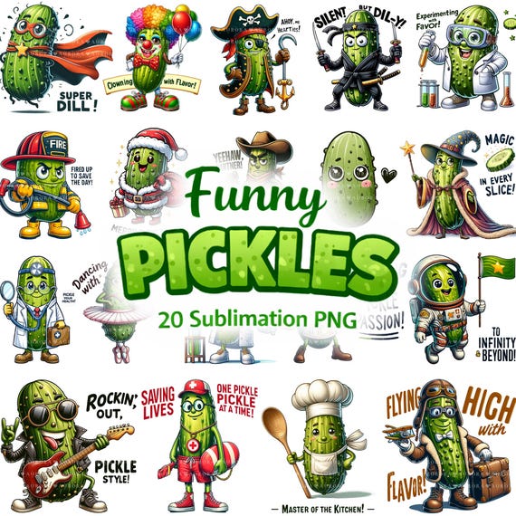 Funny Pickle PNG Bundle, 20 Pickle Sublimation Designs, Cartoon Pickles for Shirts Mugs Tumblers