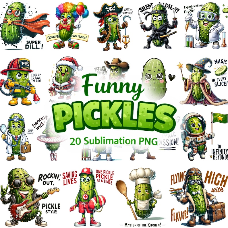 Funny Pickle PNG Bundle, 20 Pickle Sublimation Designs, Cartoon Pickles for Shirts Mugs Tumblers image 1