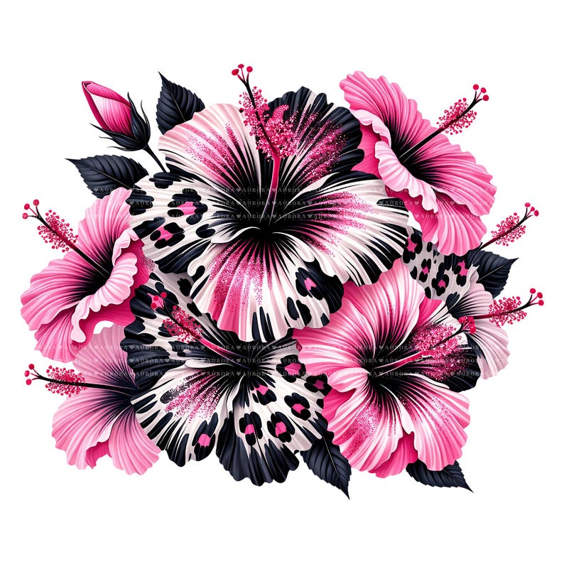 10 Pink Leopard Hibiscus PNG Bundle, Tropical Flower Clipart, Sublimation Digital Download image 3