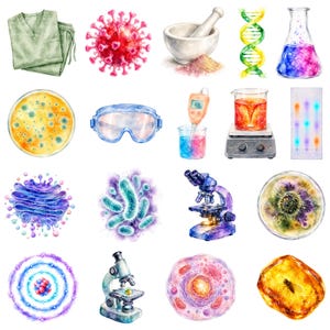 50 Watercolor Science Lab Clipart Bundle, Chemistry Biology PNG, Medical Research Sublimation Designs Download
