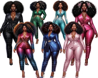18 Black Woman Clipart, Curvy Glitter Pantsuit PNG, Afro Boss Lady Sublimation, Digital Download