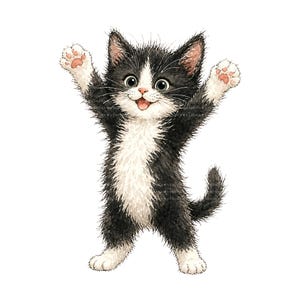 K&ouml;nnte beinhalten: Aquarell-Illustration eines fr&ouml;hlichen schwarz-wei&szlig;en K&auml;tzchens mit erhobenen Pfoten. Das K&auml;tzchen hat rosa Pfotenballen und einen l&auml;chelnden Gesichtsausdruck. Die Illustration befindet sich auf wei&szlig;em Hintergrund.