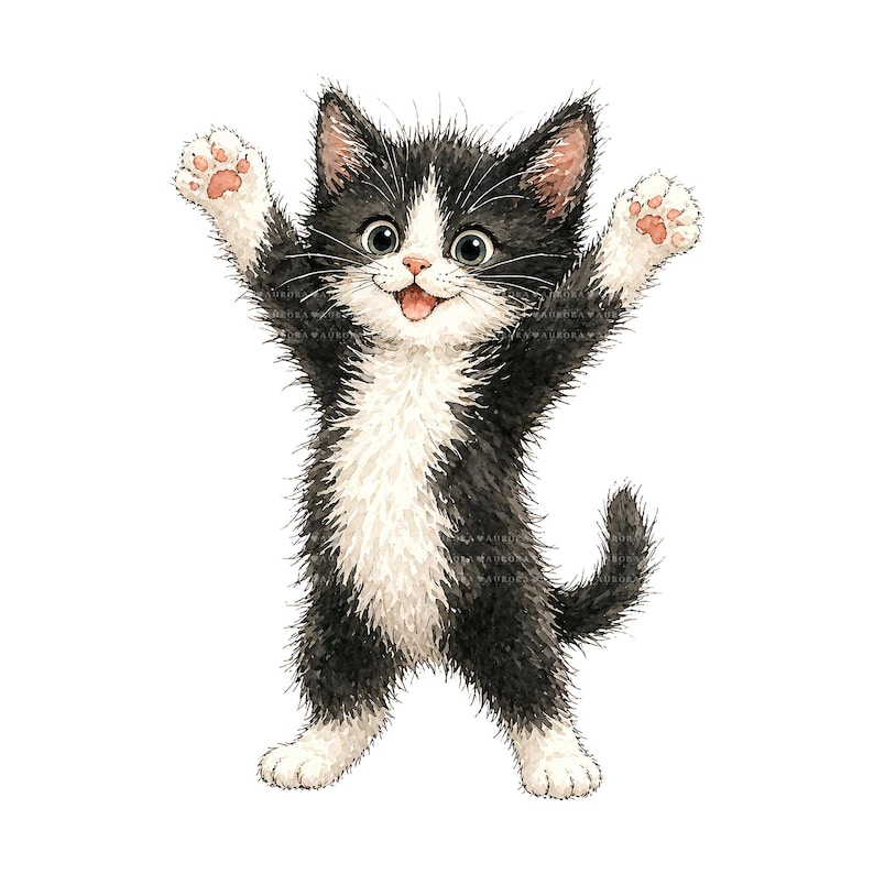 K&ouml;nnte beinhalten: Aquarell-Illustration eines fr&ouml;hlichen schwarz-wei&szlig;en K&auml;tzchens mit erhobenen Pfoten. Das K&auml;tzchen hat rosa Pfotenballen und einen l&auml;chelnden Gesichtsausdruck. Die Illustration befindet sich auf wei&szlig;em Hintergrund.