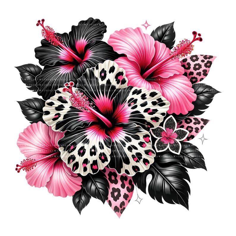 10 Pink Leopard Hibiscus PNG Bundle, Tropical Flower Clipart, Sublimation Digital Download image 7