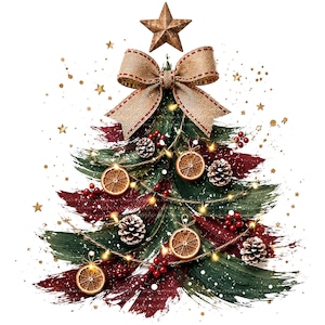 May include: A stylized Christmas tree illustration featuring brushstrokes of deep green and dark red. The tree is decorated with dried orange slices, pinecones, red berries, a string of warm lights, and a burlap bow, topped with a wooden star.