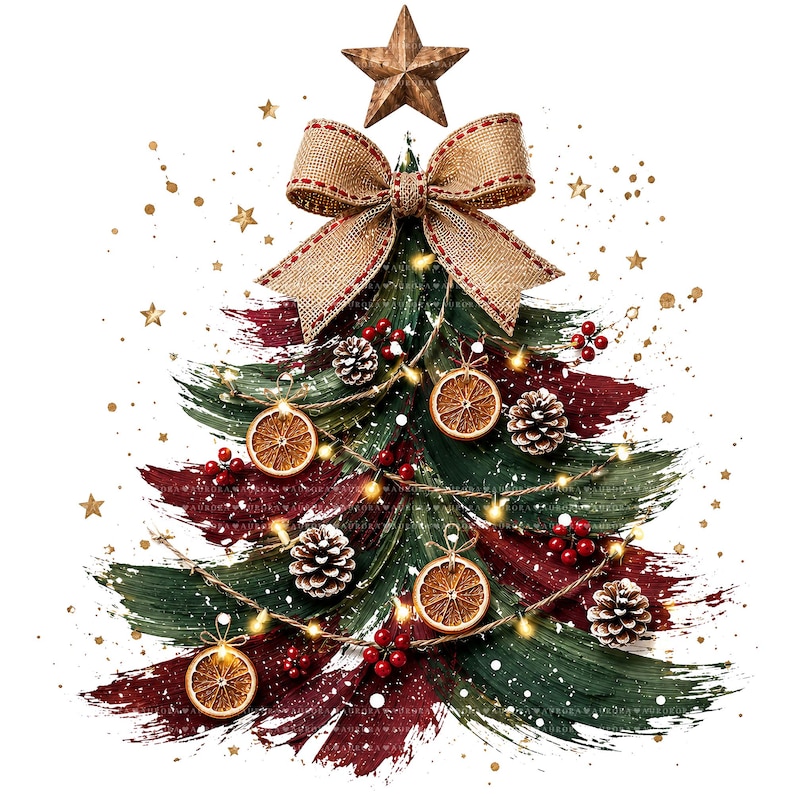 May include: A stylized Christmas tree illustration featuring brushstrokes of deep green and dark red. The tree is decorated with dried orange slices, pinecones, red berries, a string of warm lights, and a burlap bow, topped with a wooden star.