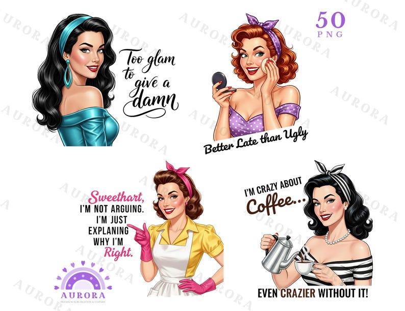 Sassy Retro Housewife PNG Bundle | Funny 1950s Pin Up Sublimation Clipart | Vintage Sarcastic Designs image 2