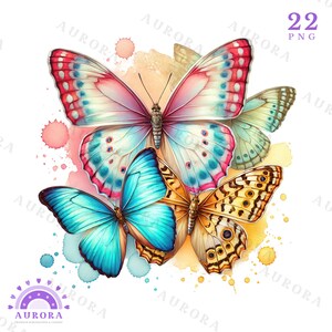 May include: Three butterflies with watercolor-style backgrounds. The butterflies are a light blue with dark blue accents, a white with pink and blue accents, and a yellow with brown accents.