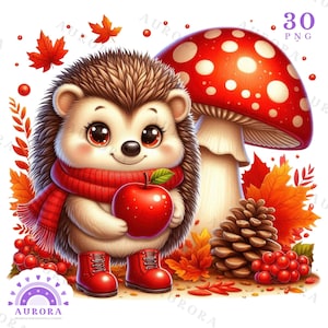 Puede incluir: Un lindo erizo de dibujos animados con una bufanda y botas rojas, sosteniendo una manzana roja. Una gran seta roja con puntos blancos y hojas de otoño están en el fondo. El texto "30 PNG" está presente.