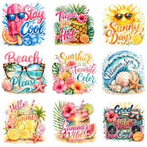 Op de afbeelding: Negen aquarel illustraties met zomerthema's. Afbeeldingen zijn onder meer een ijsje met zonnebril, een ananas met tekst, een lachende zon, een zonnebril met een strandscène, een drankje met bloemen, schelpen, een drankje met citroenen, een drankje met watermeloen en een boombox.