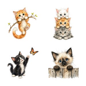 K&ouml;nnte beinhalten: Aquarellillustrationen von vier entz&uuml;ckenden K&auml;tzchen. Ein orangefarbenes K&auml;tzchen h&auml;ngt an einem Ast, drei K&auml;tzchen sind gestapelt, ein schwarz-wei&szlig;es K&auml;tzchen greift nach einem Schmetterling und ein Siamk&auml;tzchen blickt &uuml;ber einen Holzzaun.