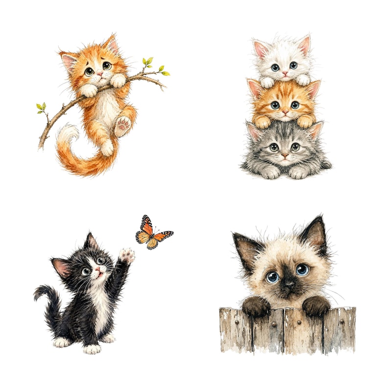 K&ouml;nnte beinhalten: Aquarellillustrationen von vier entz&uuml;ckenden K&auml;tzchen. Ein orangefarbenes K&auml;tzchen h&auml;ngt an einem Ast, drei K&auml;tzchen sind gestapelt, ein schwarz-wei&szlig;es K&auml;tzchen greift nach einem Schmetterling und ein Siamk&auml;tzchen blickt &uuml;ber einen Holzzaun.