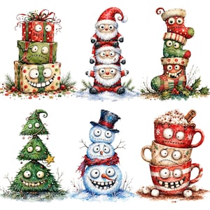 Könnte beinhalten: Eine Sammlung von sechs Aquarellillustrationen mit skurrilen Weihnachtsfiguren: ein Stapel aus drei Geschenkboxen, drei gestapelte Weihnachtsmänner, drei gestapelte Weihnachtsstrümpfe, ein gestufter Weihnachtsbaum, ein Schneemann und drei gestapelte Tassen.