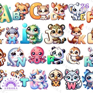 Alfabeto de animales lindos, adorable alfabeto de la A a la Z, animales de la A a la Z, letras ABC para niños PNG, alfabeto para niños, uso comercial