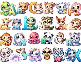 Animal Alphabet Clipart, A-Z Letters, Kids ABC (PNG Digital Download)