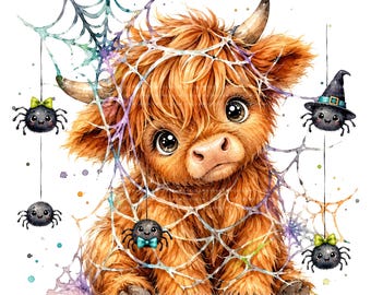 24 Halloween Highland Cow PNG Bundle, Watercolor Clipart, Spooky Fall Sublimation Designs, Digital Download