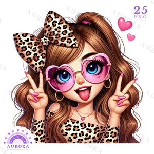 25 bundle di clipart di ragazze carine per San Valentino, fiocco e occhiali, ragazze Chibi PNG a sublimazione, moda per San Valentino, amore, cuori, adesivi,