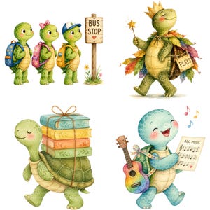 Puede incluir: Una colección de ilustraciones en acuarela con tortugas verdes. Una escena muestra tres tortugas con mochilas en una parada de autobús. Otra muestra una tortuga con corona, varita y capa de hojas etiquetada PLAYS. Otras muestran una tortuga cargando libros y una tortuga con un ukelele y partitura etiquetada ABC MUSIC.